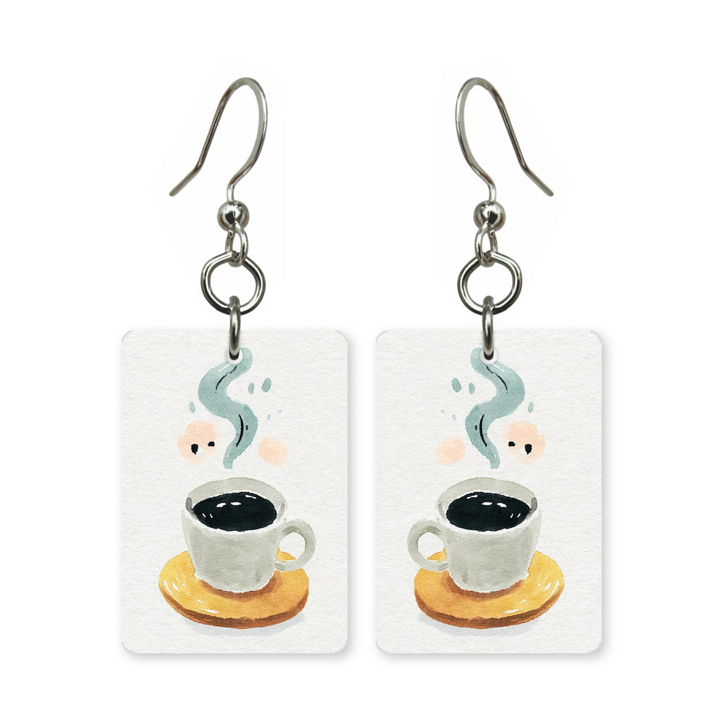 Watercolor coffee earrings — coffee cup with soft watercolor edges, made in USA