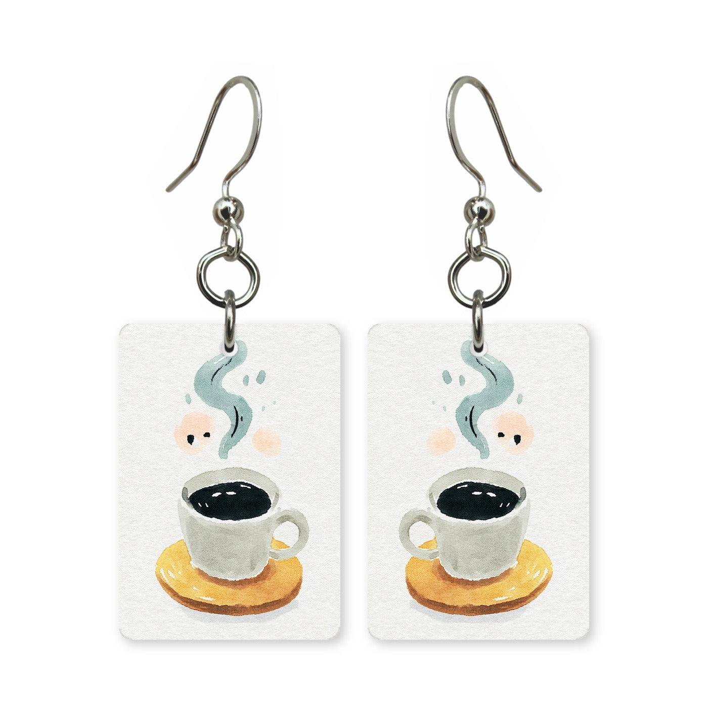 Watercolor coffee earrings — coffee cup with soft watercolor edges, made in USA
