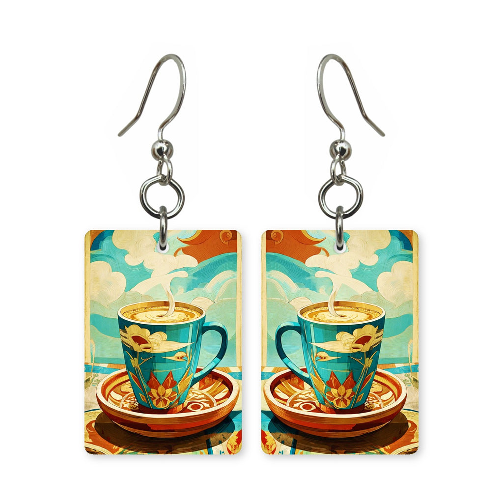 Art deco coffee earrings — coffee cup in hard deco geometry, cut-paper art, made in USA