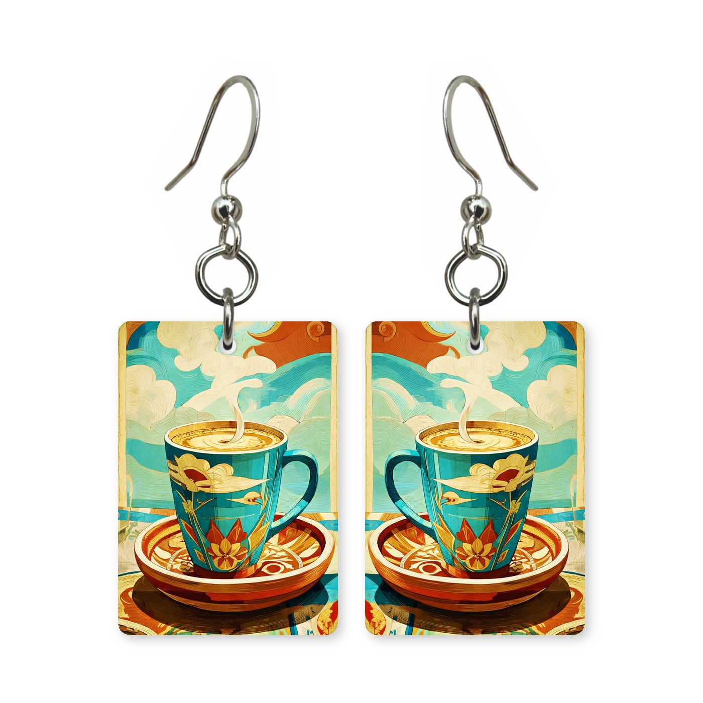 Art deco coffee earrings — coffee cup in hard deco geometry, cut-paper art, made in USA
