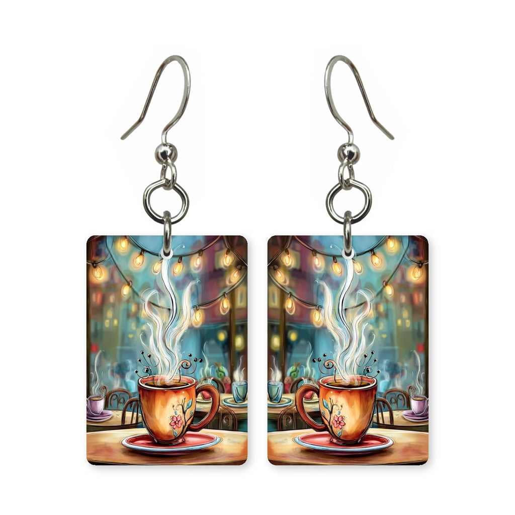 Cafe coffee earrings — cup and saucer in clean cut-paper design, made in USA