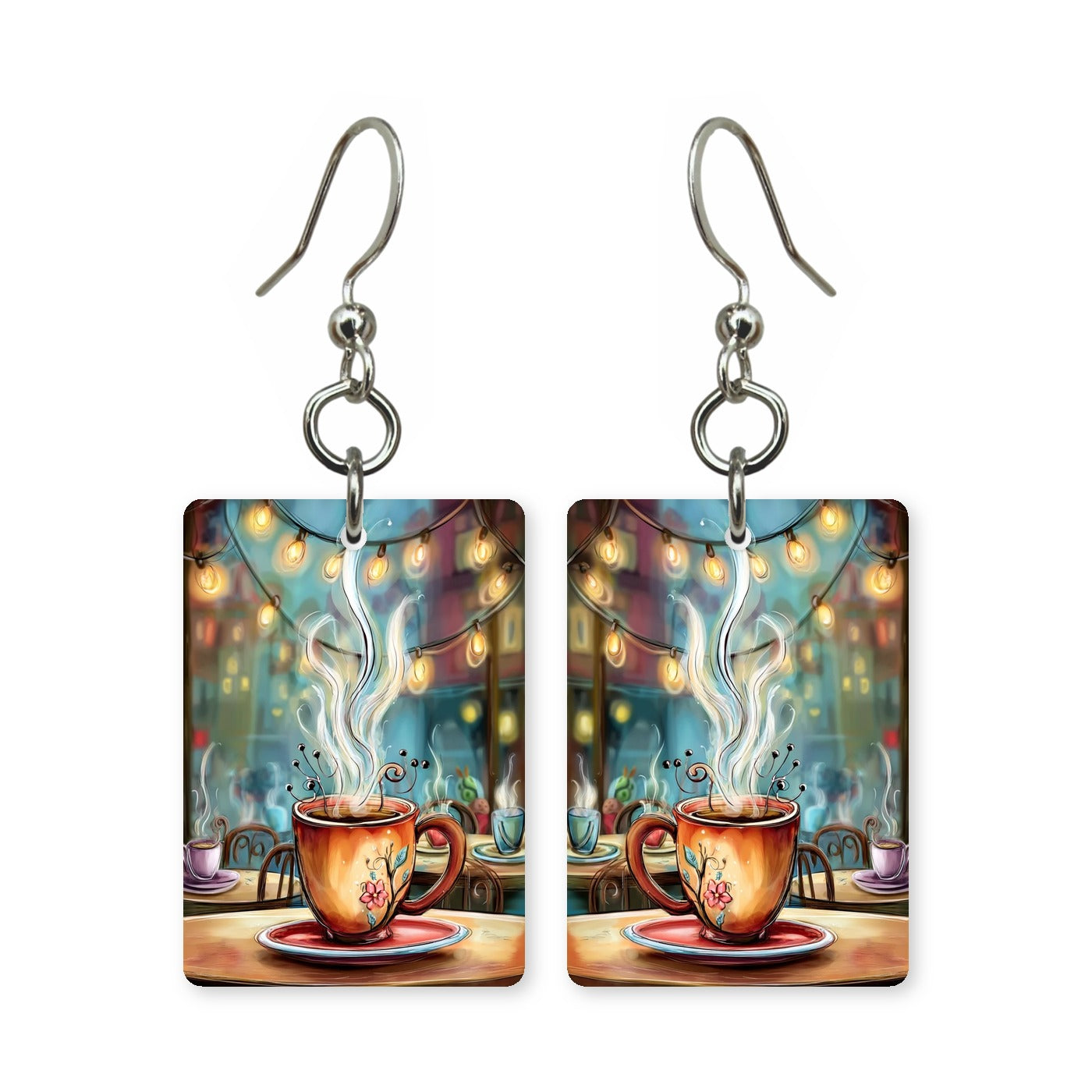 Cafe coffee earrings — cup and saucer in clean cut-paper design, made in USA