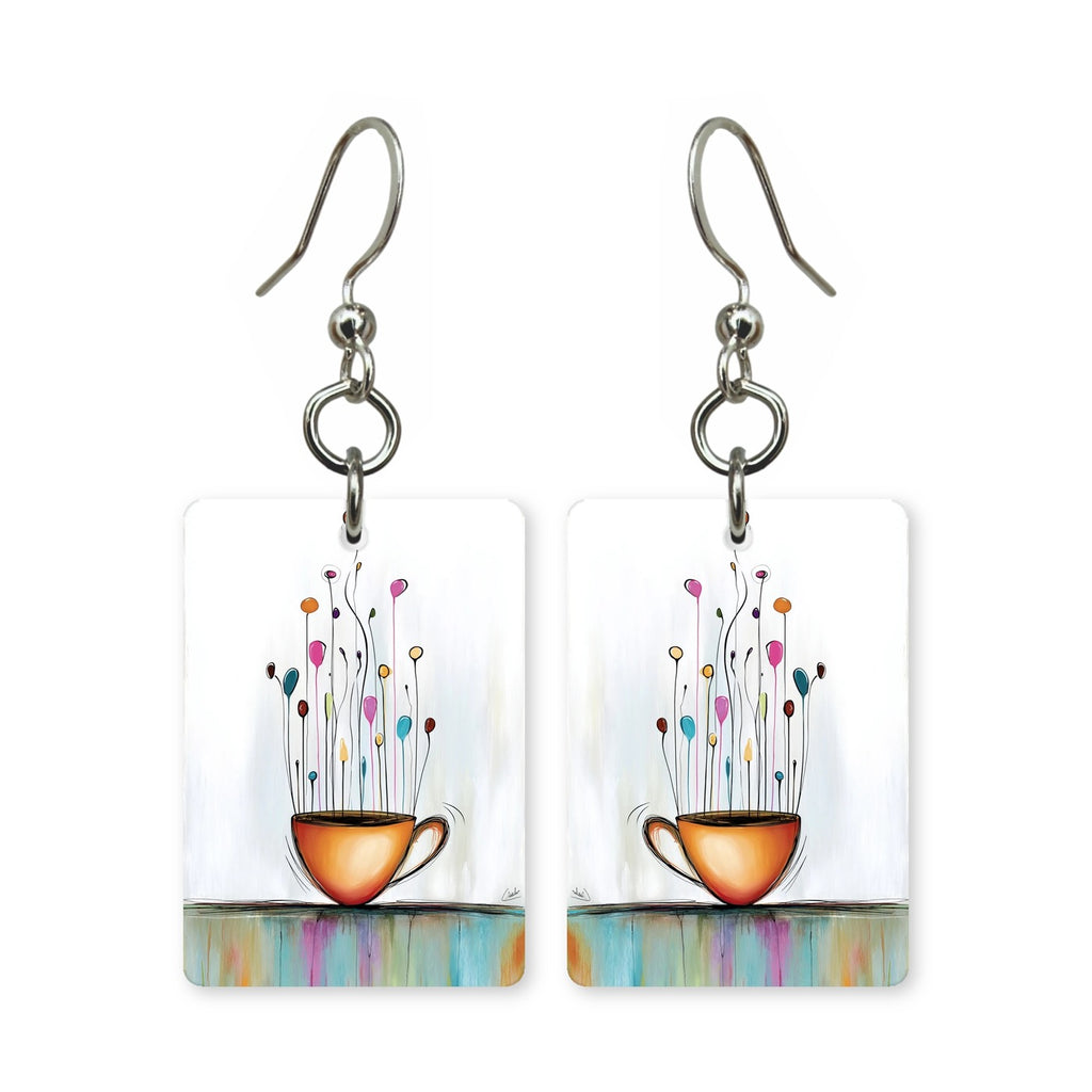 Whimsical brew earrings — steaming coffee cup with curling steam, cut-paper art, made in USA