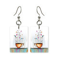 Whimsical brew earrings — steaming coffee cup with curling steam, cut-paper art, made in USA