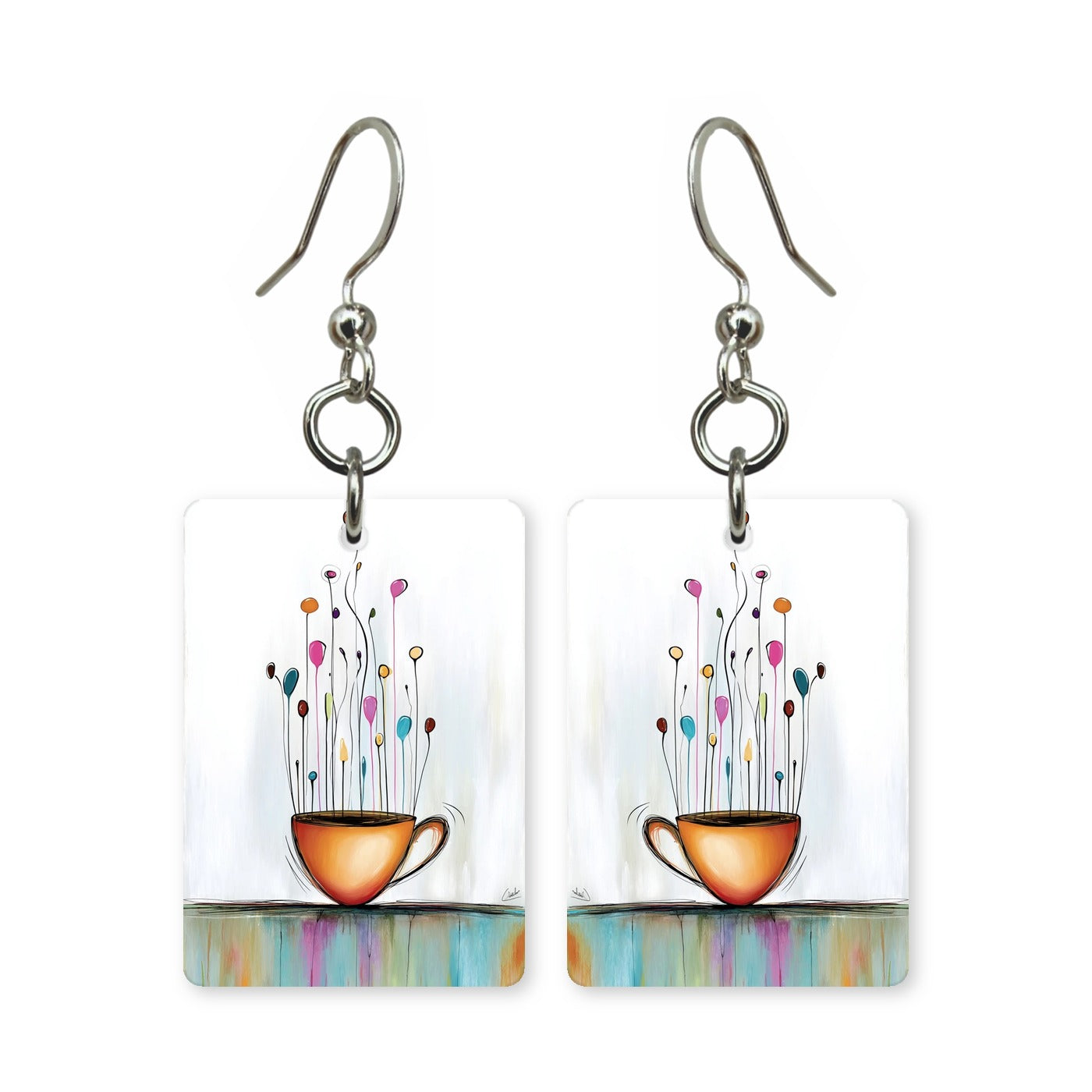 Whimsical brew earrings — steaming coffee cup with curling steam, cut-paper art, made in USA