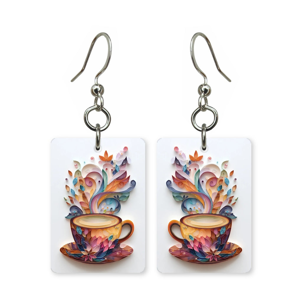 Paper art coffee earrings — coffee cup in layered cut paper, made in USA