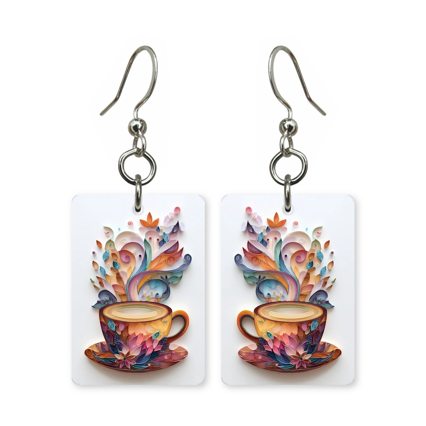 Paper art coffee earrings — coffee cup in layered cut paper, made in USA
