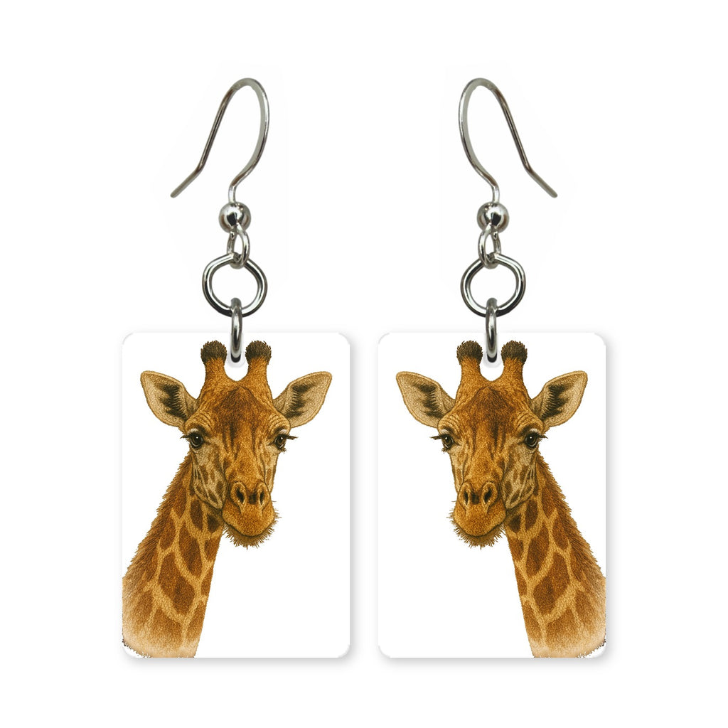 Gentle giraffe earrings — giraffe leaning down, cut-paper portrait, made in USA