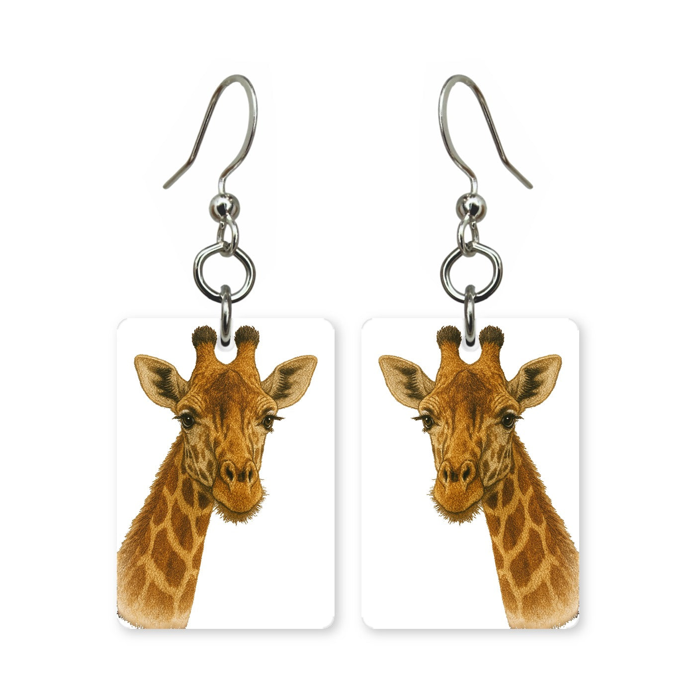 Gentle giraffe earrings — giraffe leaning down, cut-paper portrait, made in USA