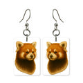 Red panda earrings — red panda peering from branches, cut-paper portrait, made in USA