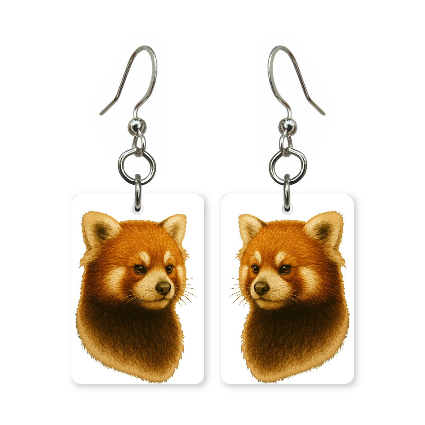 Red panda earrings — red panda peering from branches, cut-paper portrait, made in USA