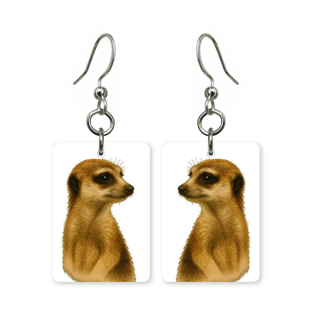 Curious meerkat earrings — meerkat standing upright, cut-paper portrait, made in USA
