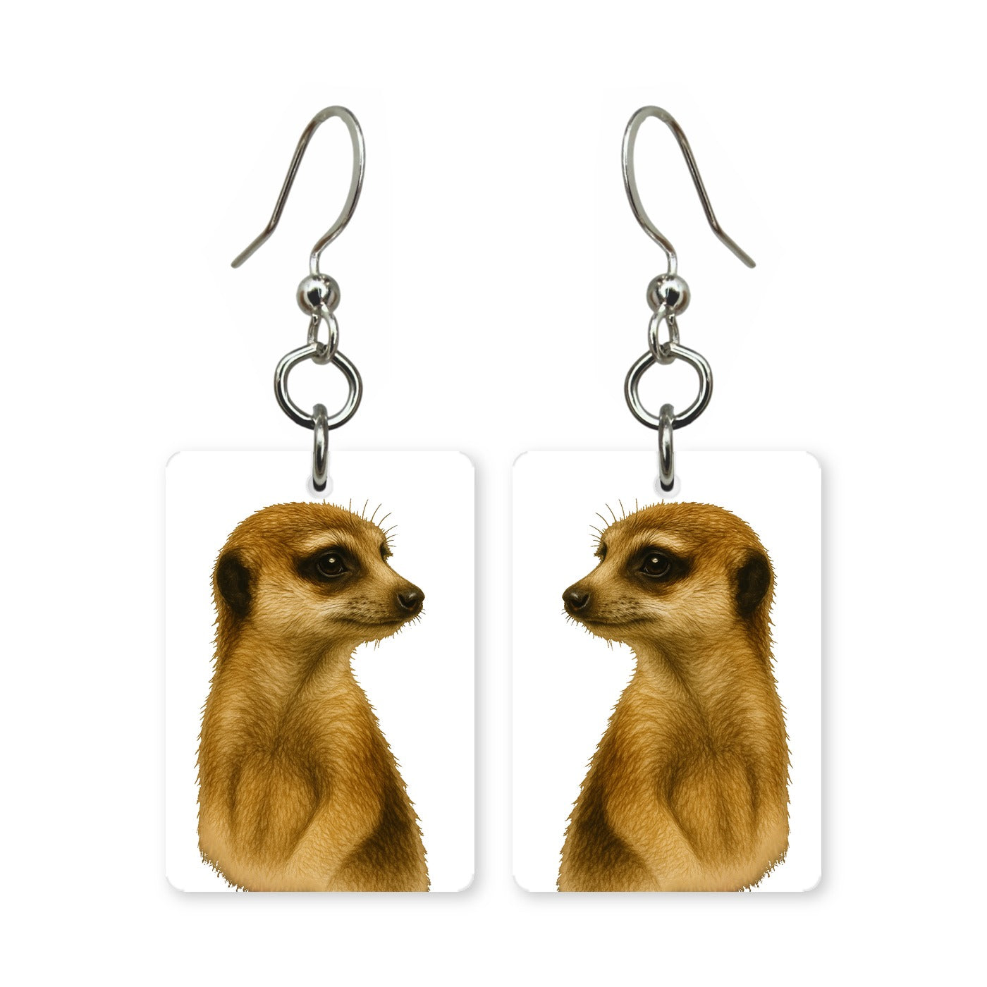 Curious meerkat earrings — meerkat standing upright, cut-paper portrait, made in USA