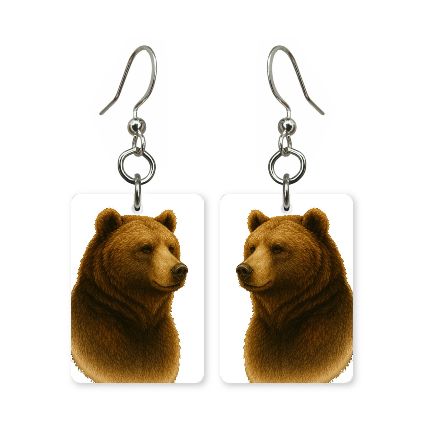 Grizzly bear earrings — grizzly standing its ground, cut-paper portrait, made in USA