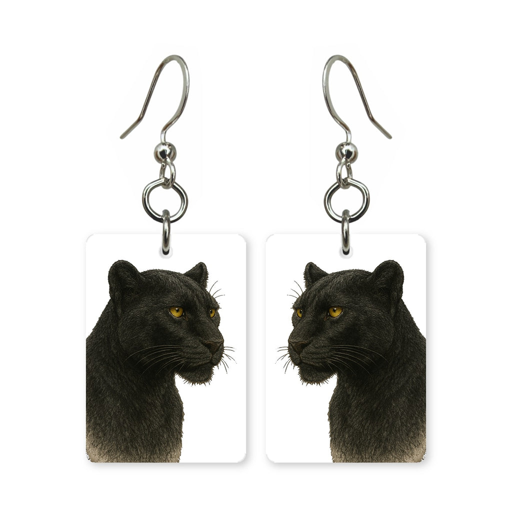 Black panther earrings — black panther with bright eyes, cut-paper portrait, made in USA