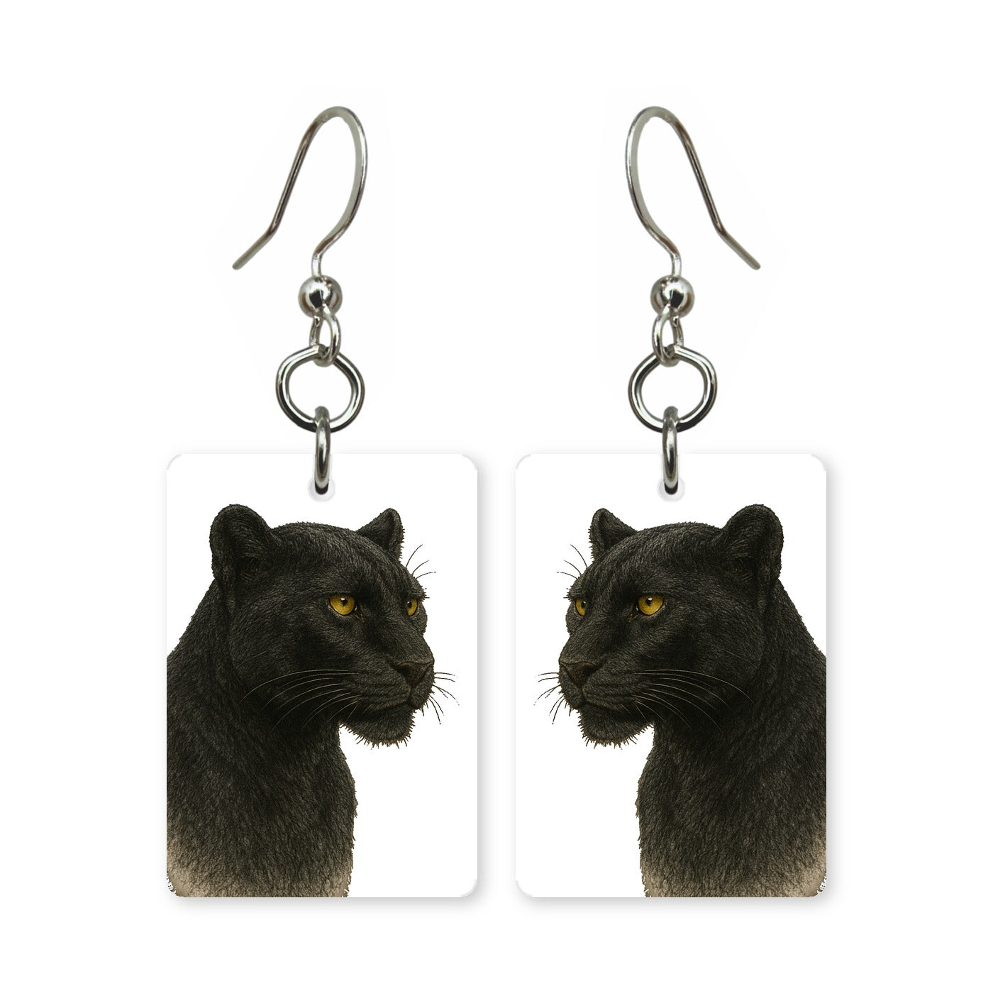 Black panther earrings — black panther with bright eyes, cut-paper portrait, made in USA