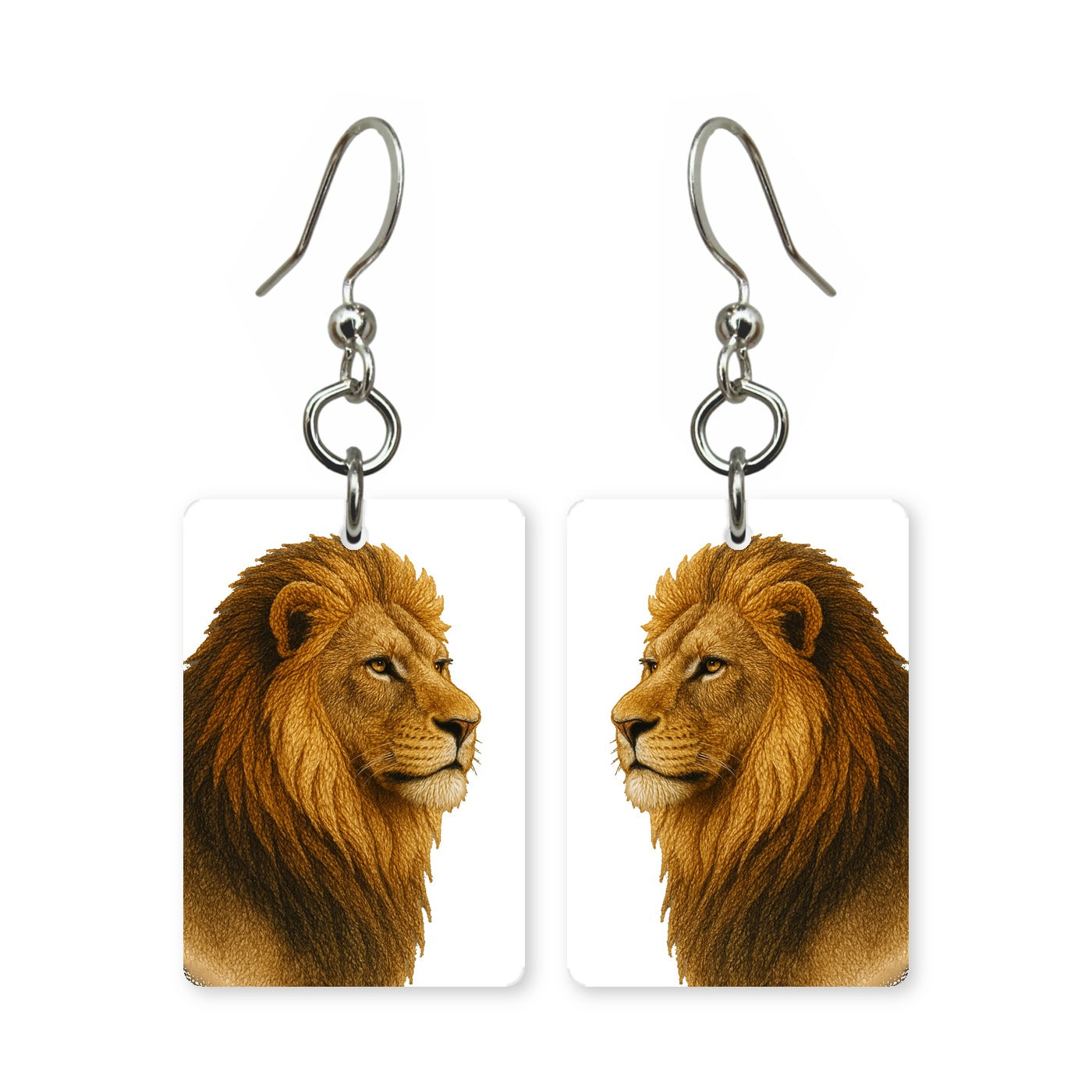 Majestic lion earrings — lion with full mane, cut-paper portrait, made in USA
