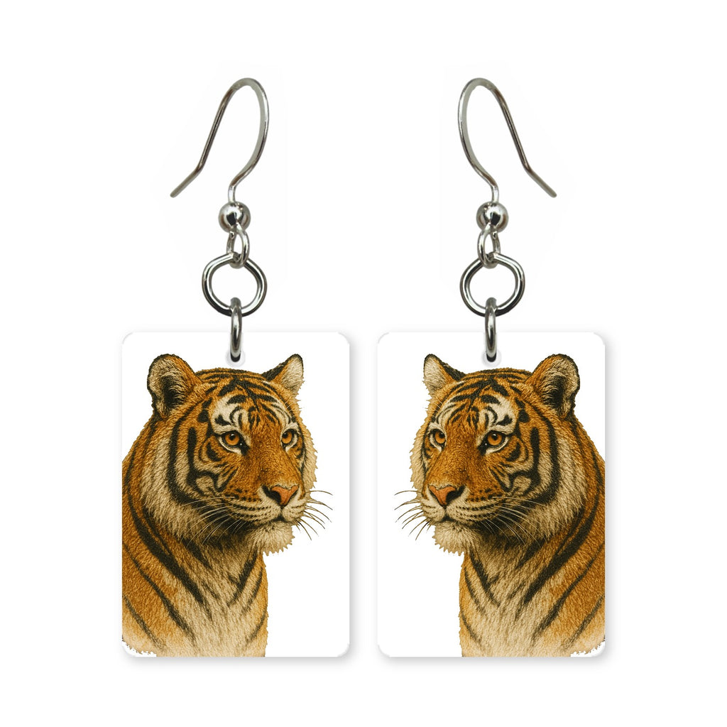 Bengal tiger earrings — tiger looking straight ahead, cut-paper portrait, made in USA