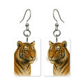 Bengal tiger earrings — tiger looking straight ahead, cut-paper portrait, made in USA