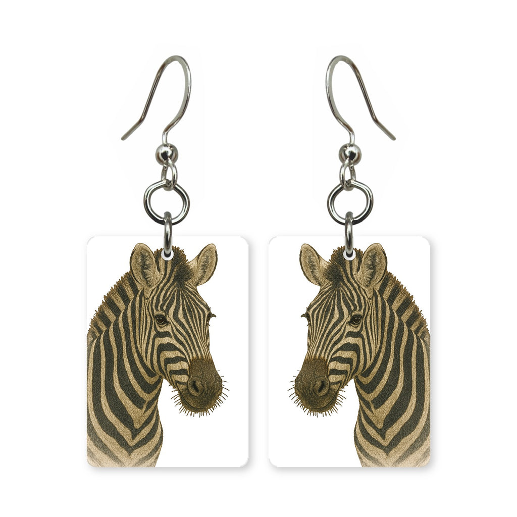Wild zebra earrings — high-contrast striped zebra, cut-paper portrait, made in USA