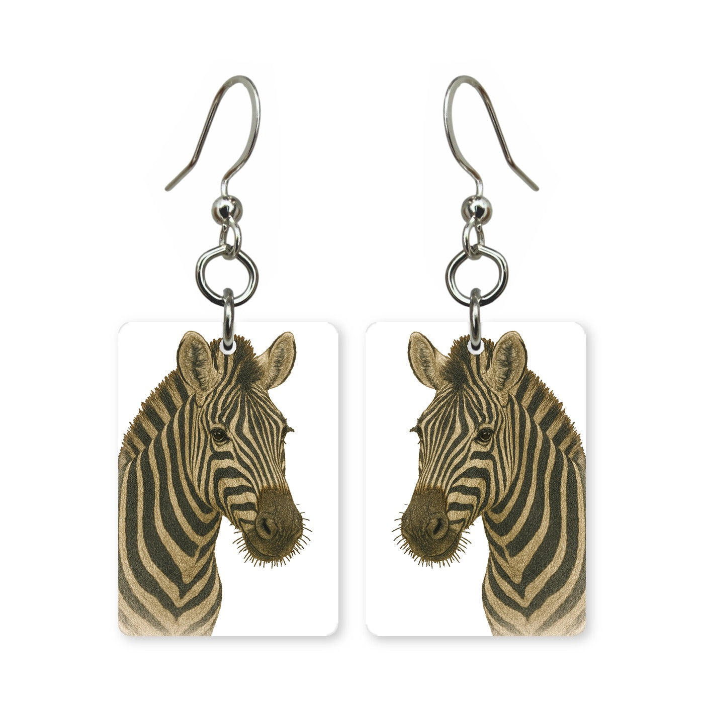 Wild zebra earrings — high-contrast striped zebra, cut-paper portrait, made in USA