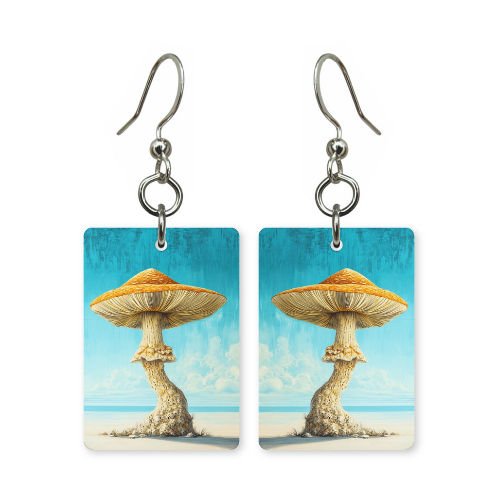 Seaside toadstool earrings — toadstools where woods meet the coast, cut-paper art, made in USA