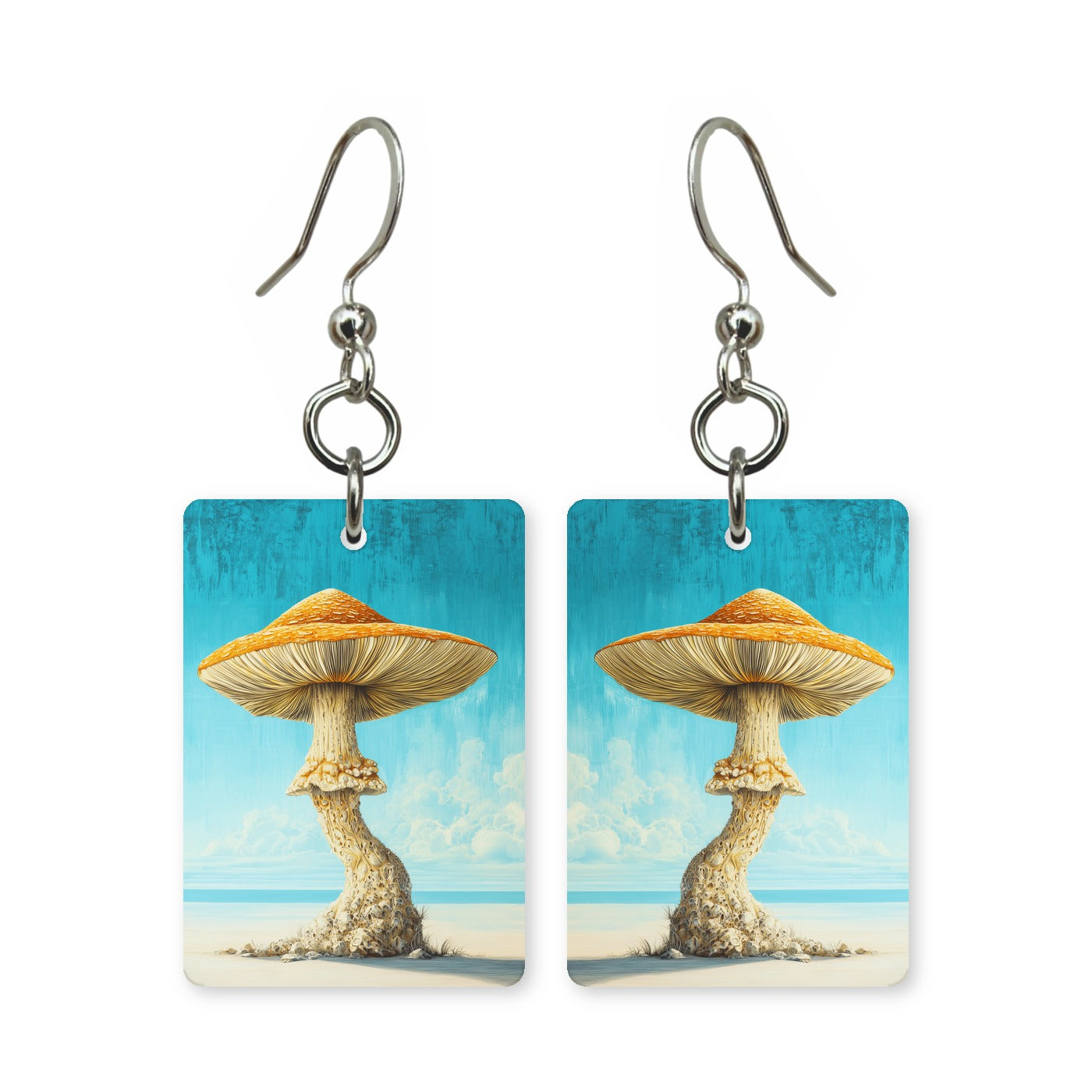 Seaside toadstool earrings — toadstools where woods meet the coast, cut-paper art, made in USA
