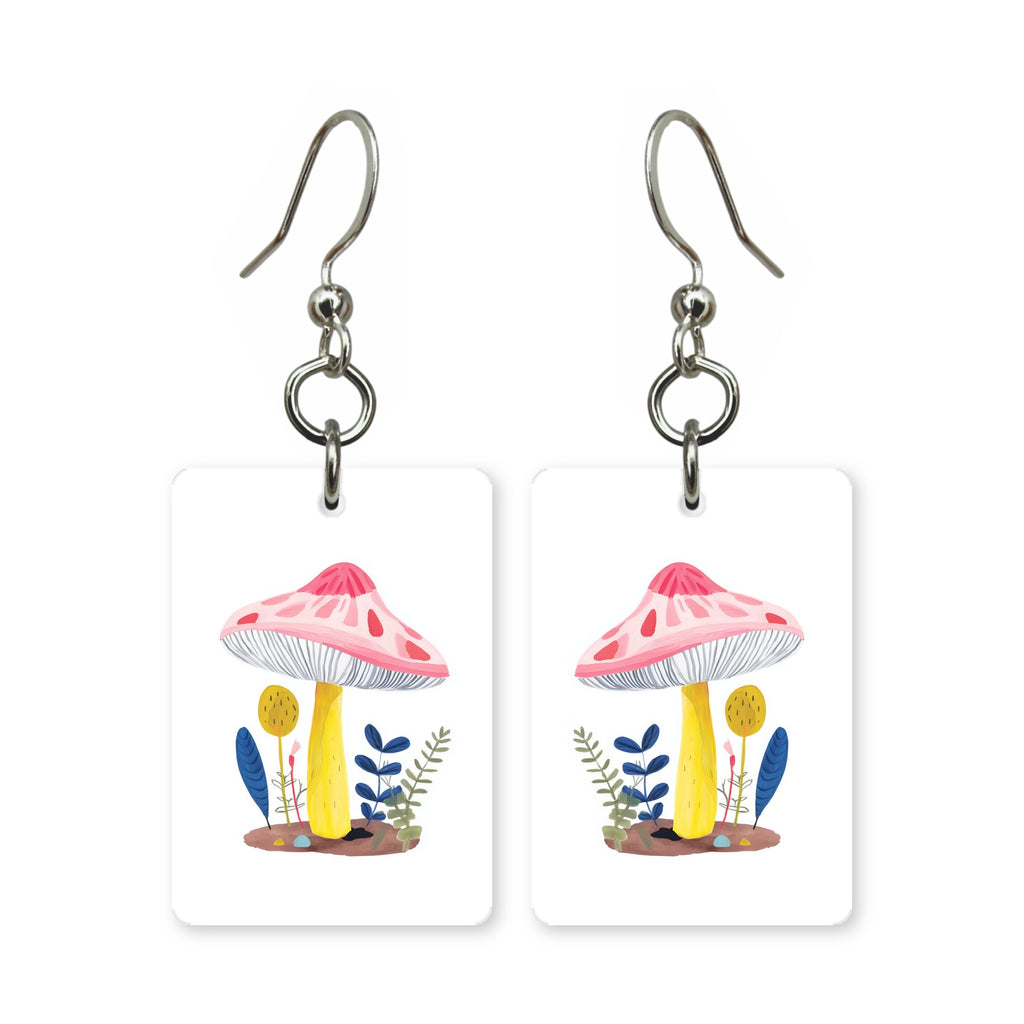 Pink toadstool earrings — pink spotted mushroom cap, cut-paper art, made in USA