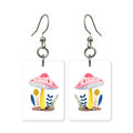 Pink toadstool earrings — pink spotted mushroom cap, cut-paper art, made in USA