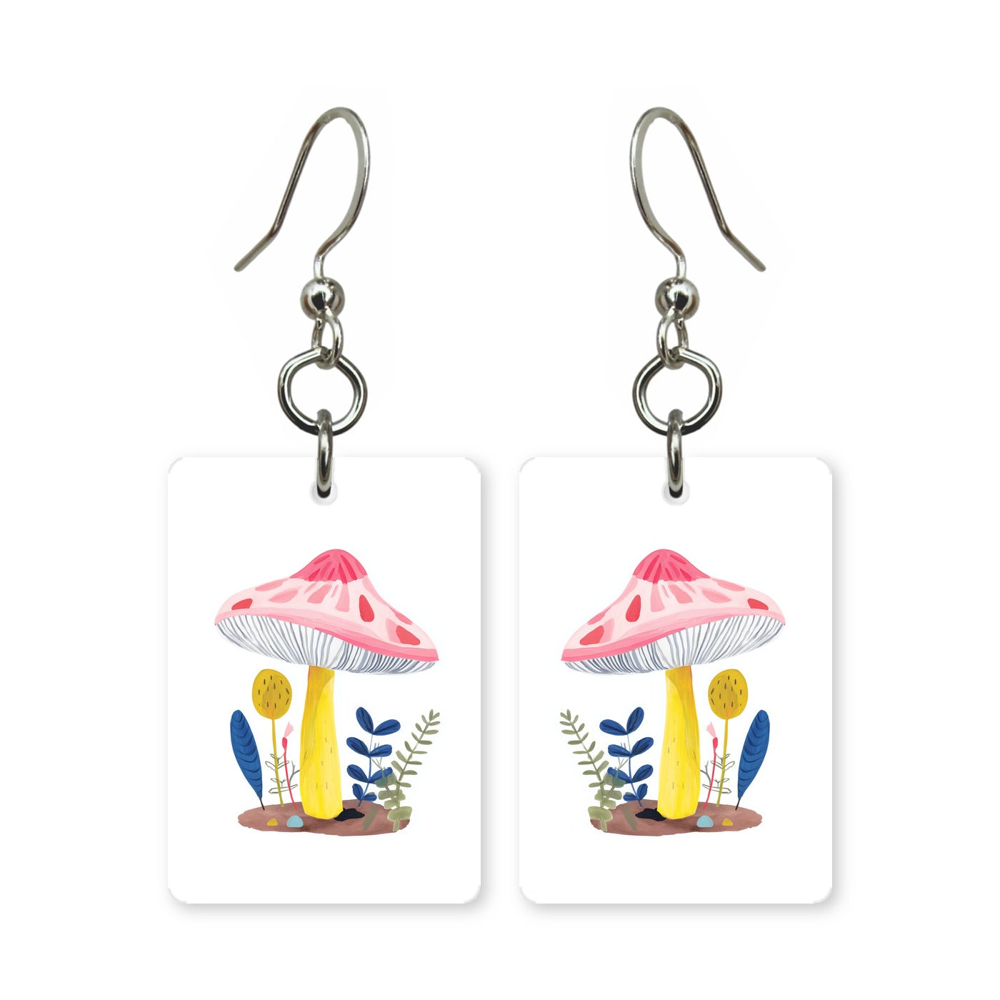 Pink toadstool earrings — pink spotted mushroom cap, cut-paper art, made in USA