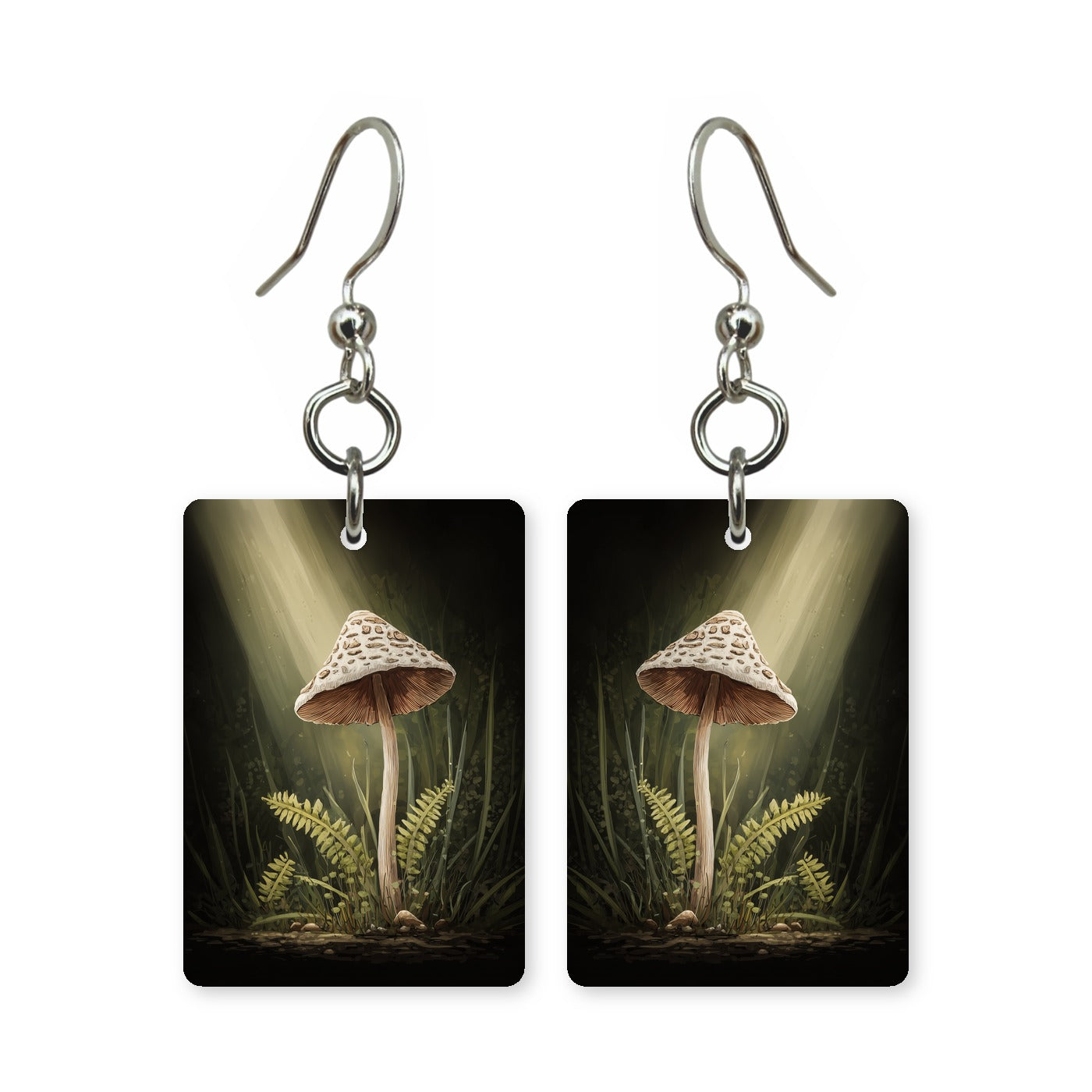 Woodland spotlight earrings — light landing on the forest floor, cut-paper art, made in USA