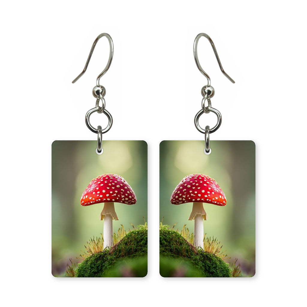 Mossy red cap earrings — red-capped mushroom in deep moss, cut-paper art, made in USA