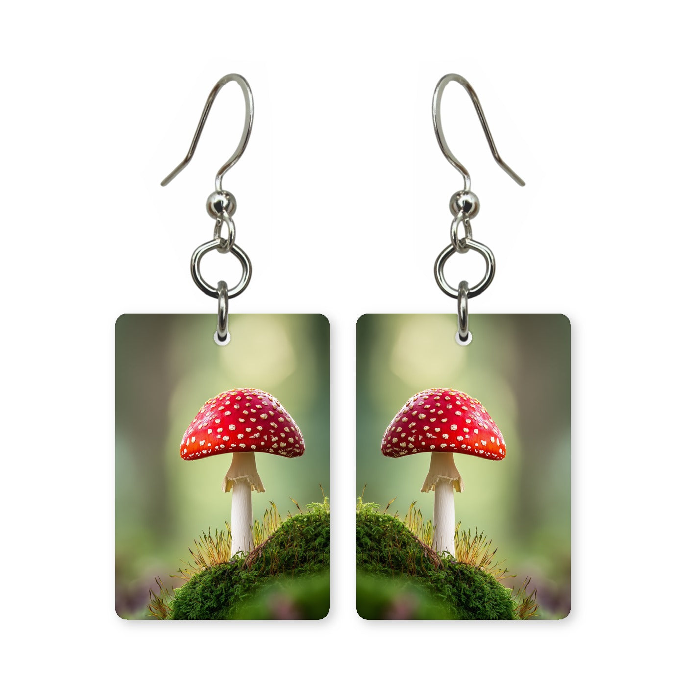 Mossy red cap earrings — red-capped mushroom in deep moss, cut-paper art, made in USA