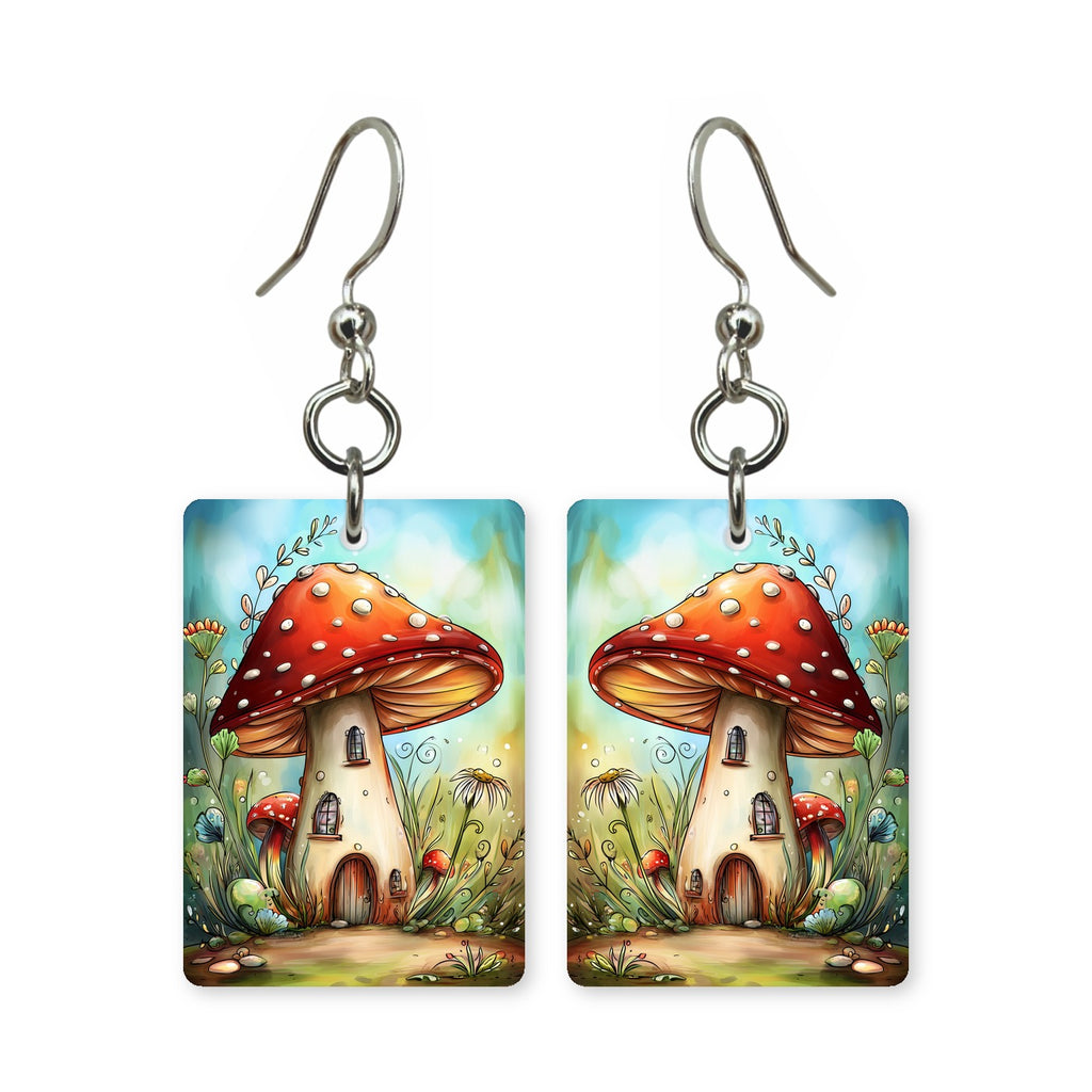 Mushroom cottage earrings — fairy cottage built into a mushroom cap, cut-paper art, made in USA
