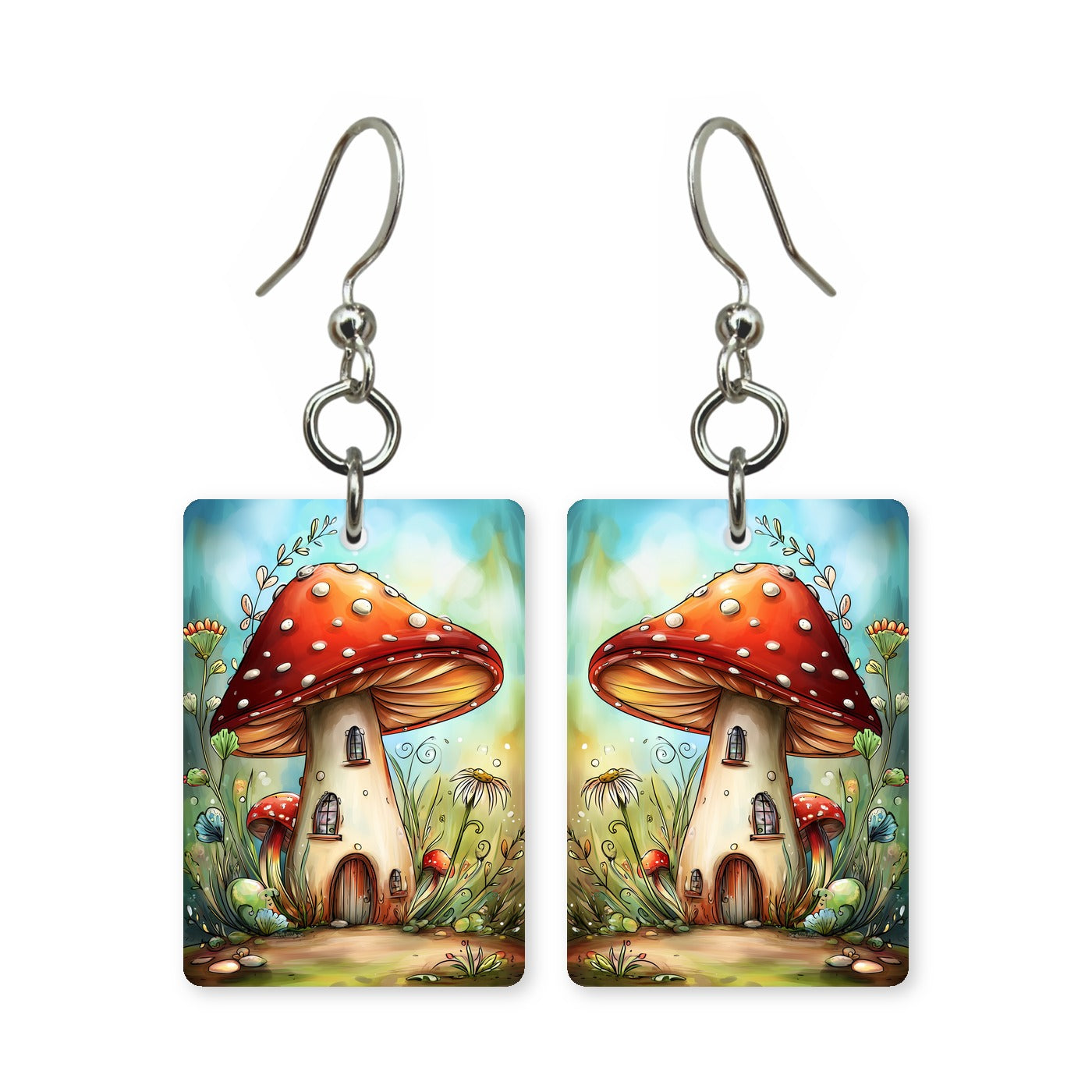 Mushroom cottage earrings — fairy cottage built into a mushroom cap, cut-paper art, made in USA