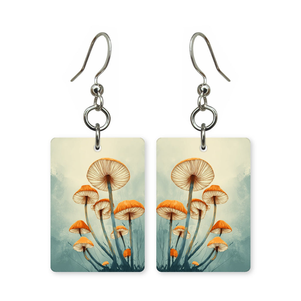 Mushroom grove earrings — mushrooms on the forest floor, cut-paper art, made in USA