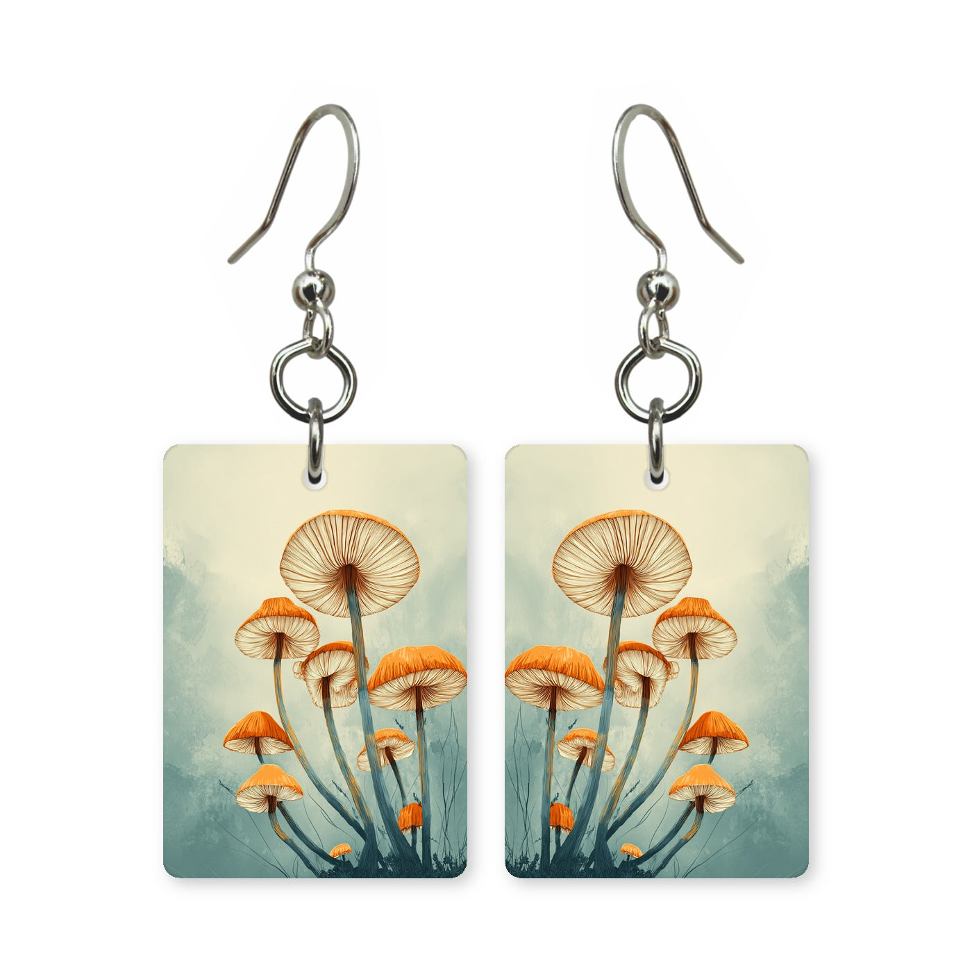 Mushroom grove earrings — mushrooms on the forest floor, cut-paper art, made in USA