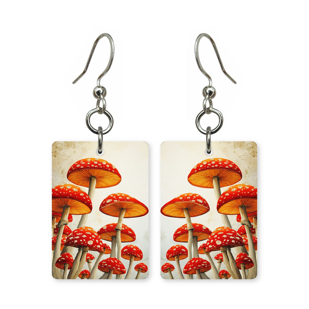 Amanita cluster earrings — cluster of spotted amanita mushroom caps, cut-paper art, made in USA