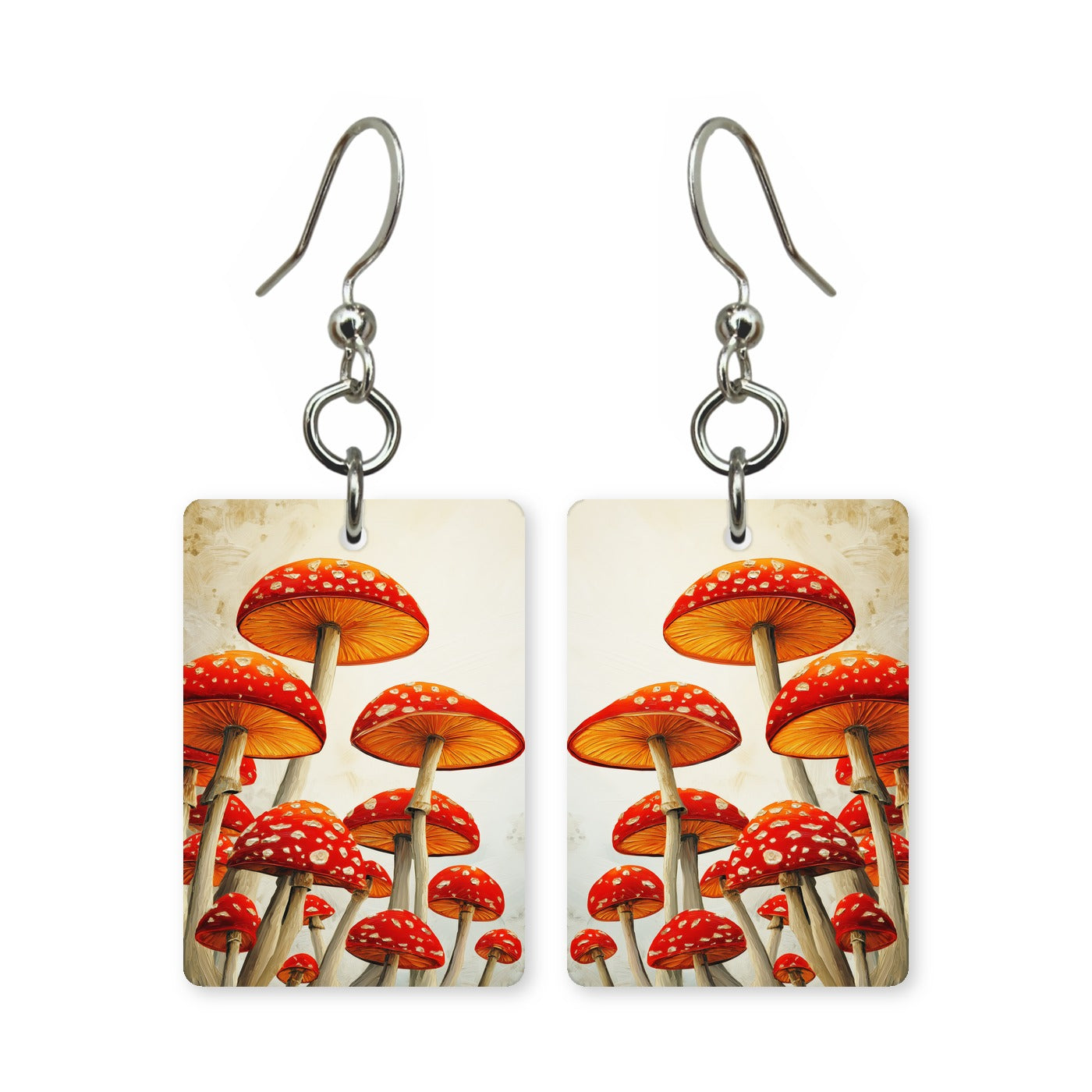 Amanita cluster earrings — cluster of spotted amanita mushroom caps, cut-paper art, made in USA
