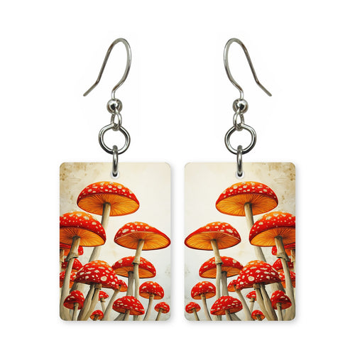 Amanita cluster earrings — cluster of spotted amanita mushroom caps, cut-paper art, made in USA