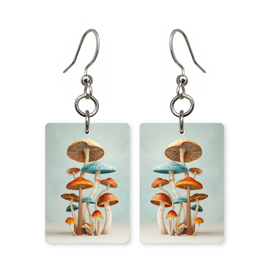 Mushroom stack earrings — mushrooms stacked in a tower, cut-paper art, made in USA