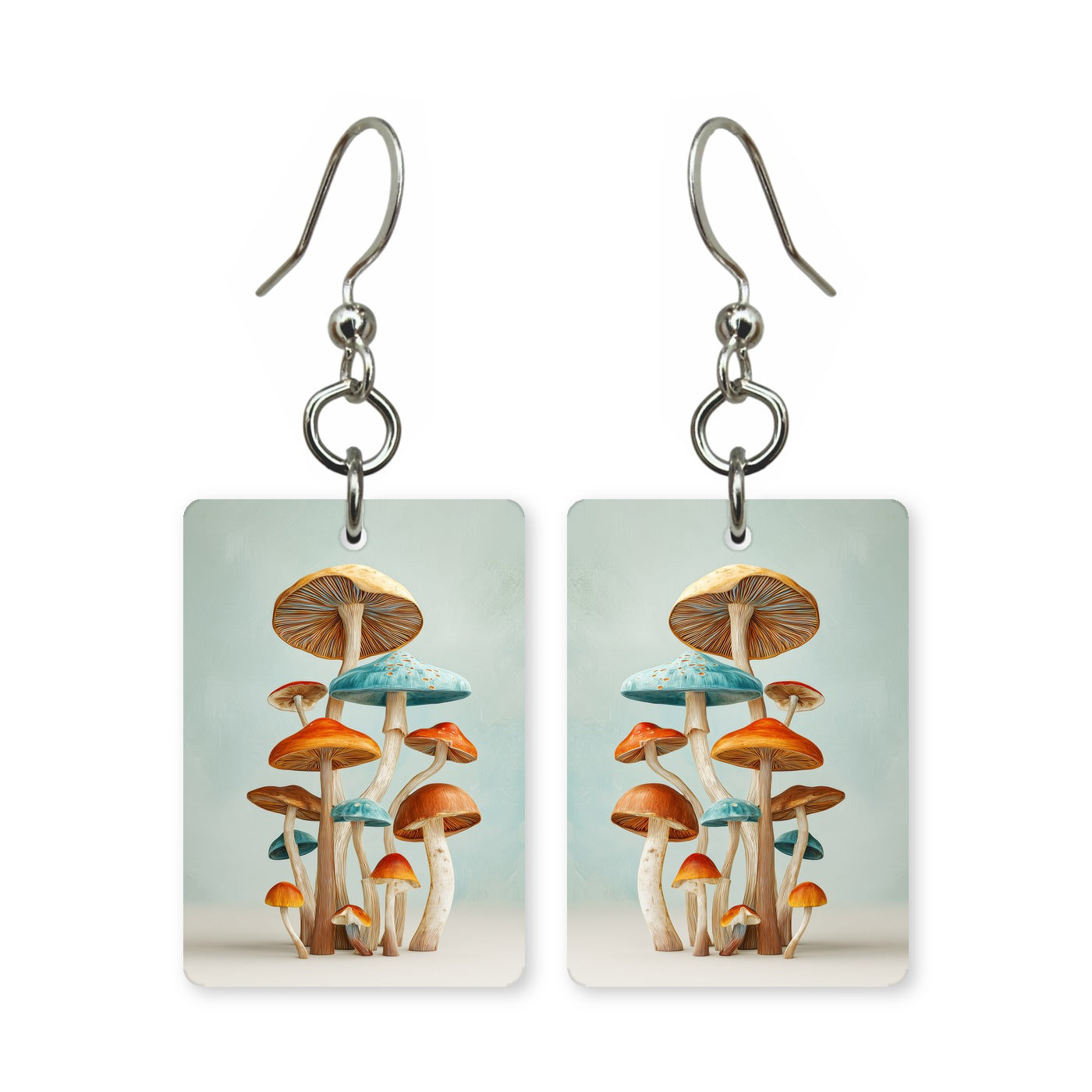 Mushroom stack earrings — mushrooms stacked in a tower, cut-paper art, made in USA