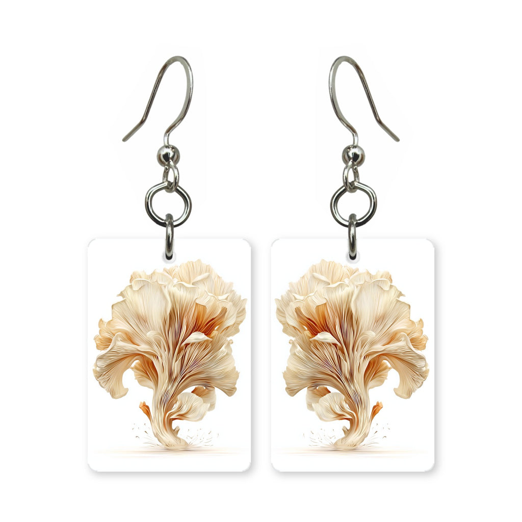 Oyster mushroom earrings — oyster mushrooms shelving off wood, cut-paper art, made in USA