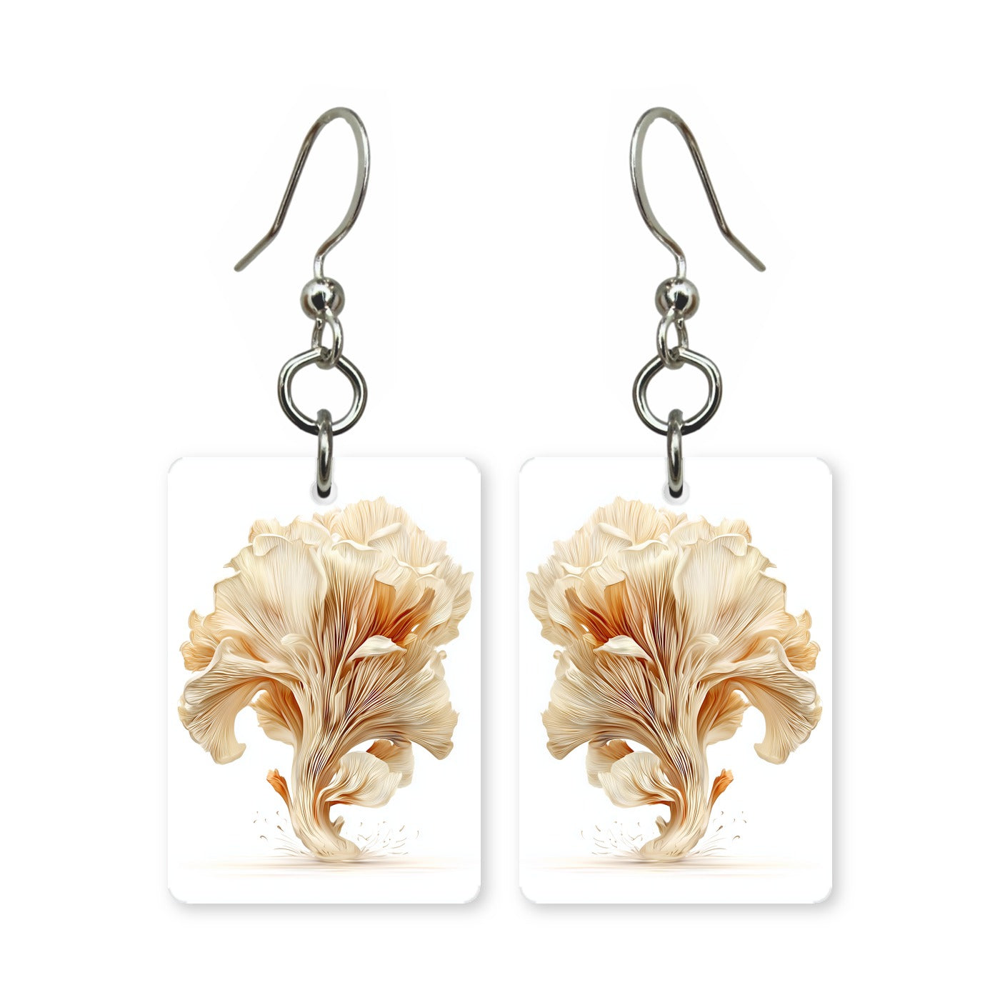 Oyster mushroom earrings — oyster mushrooms shelving off wood, cut-paper art, made in USA