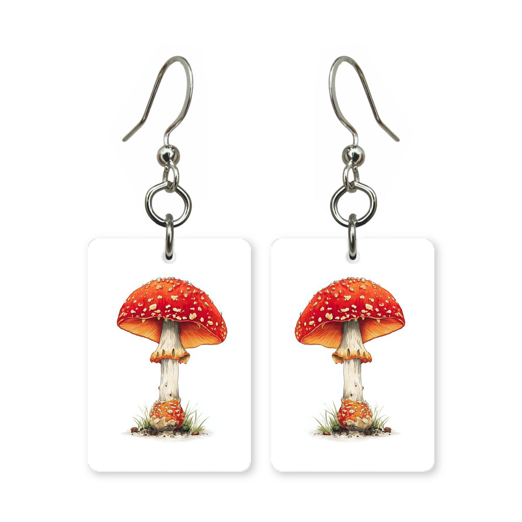 Classic toadstool earrings — red and white spotted mushroom, cut-paper art, made in USA