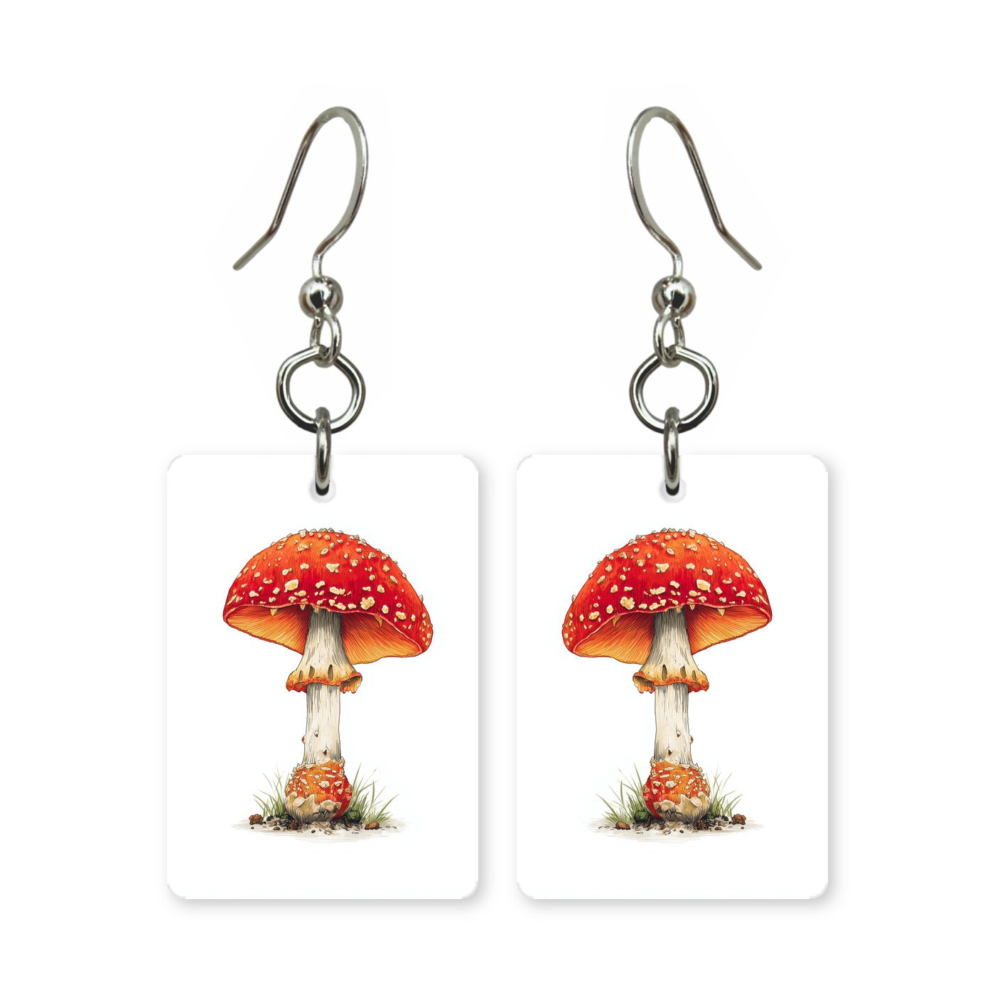 Classic toadstool earrings — red and white spotted mushroom, cut-paper art, made in USA