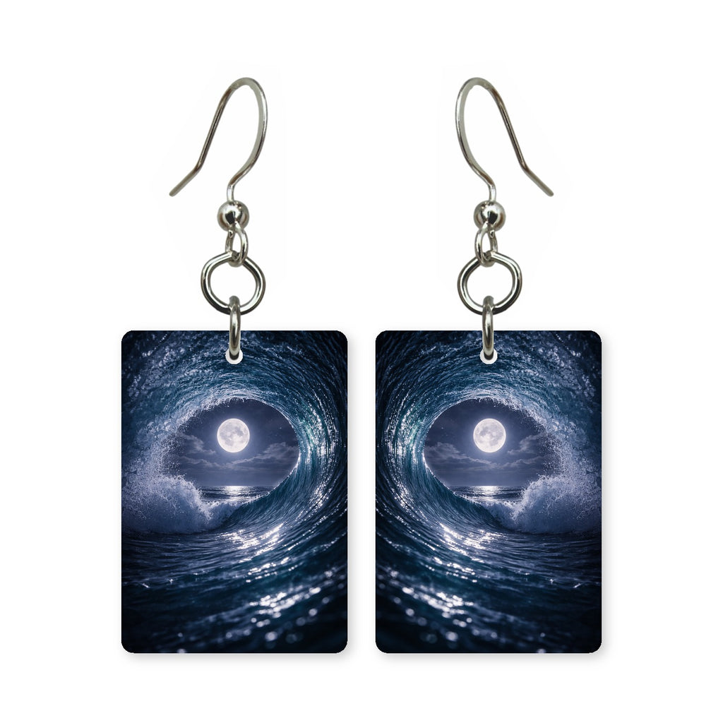 Moonlit wave earrings — wave breaking under moonlight, cut-paper night seascape, made in USA