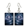 Moonlit wave earrings — wave breaking under moonlight, cut-paper night seascape, made in USA