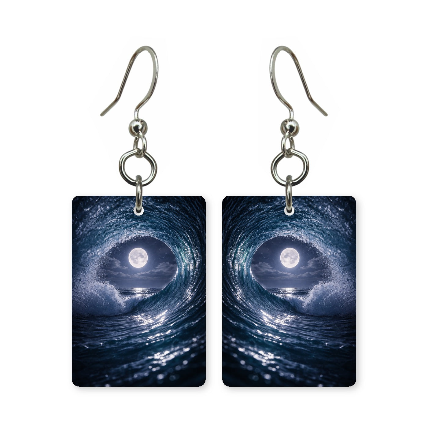 Moonlit wave earrings — wave breaking under moonlight, cut-paper night seascape, made in USA