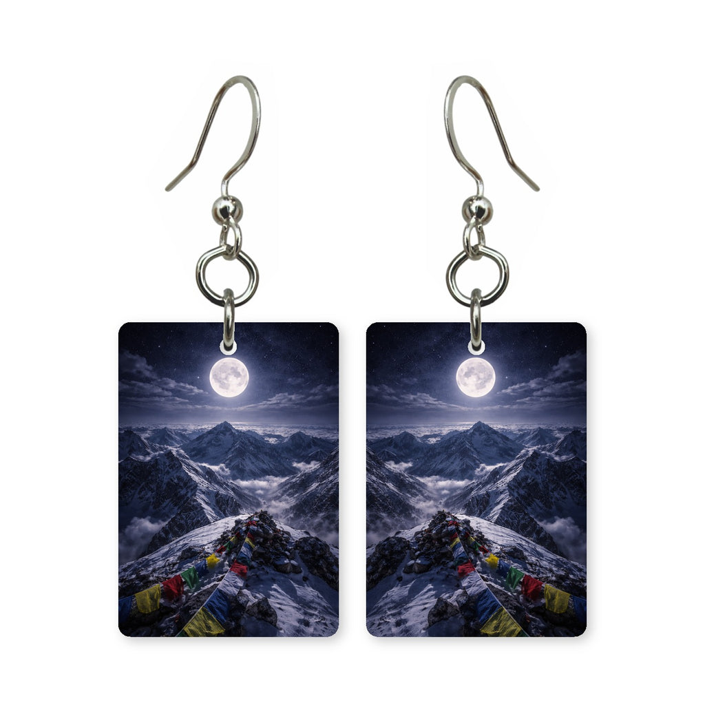 Moonlit summit earrings — mountain summit under a cold moon, cut-paper landscape, made in USA
